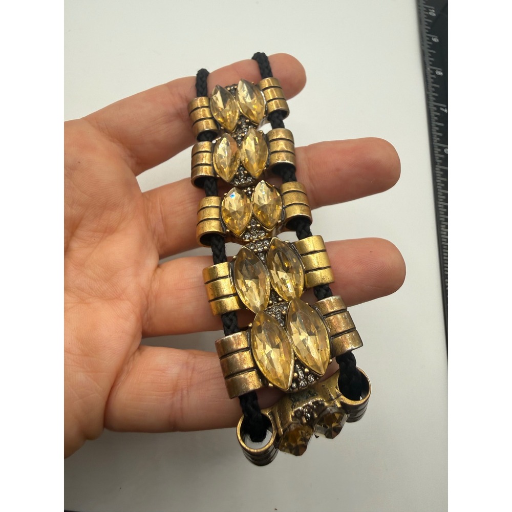 J.Crew Brass and Champagne Crystal‎ Statement Bracelet Braided Black Cord Gold
